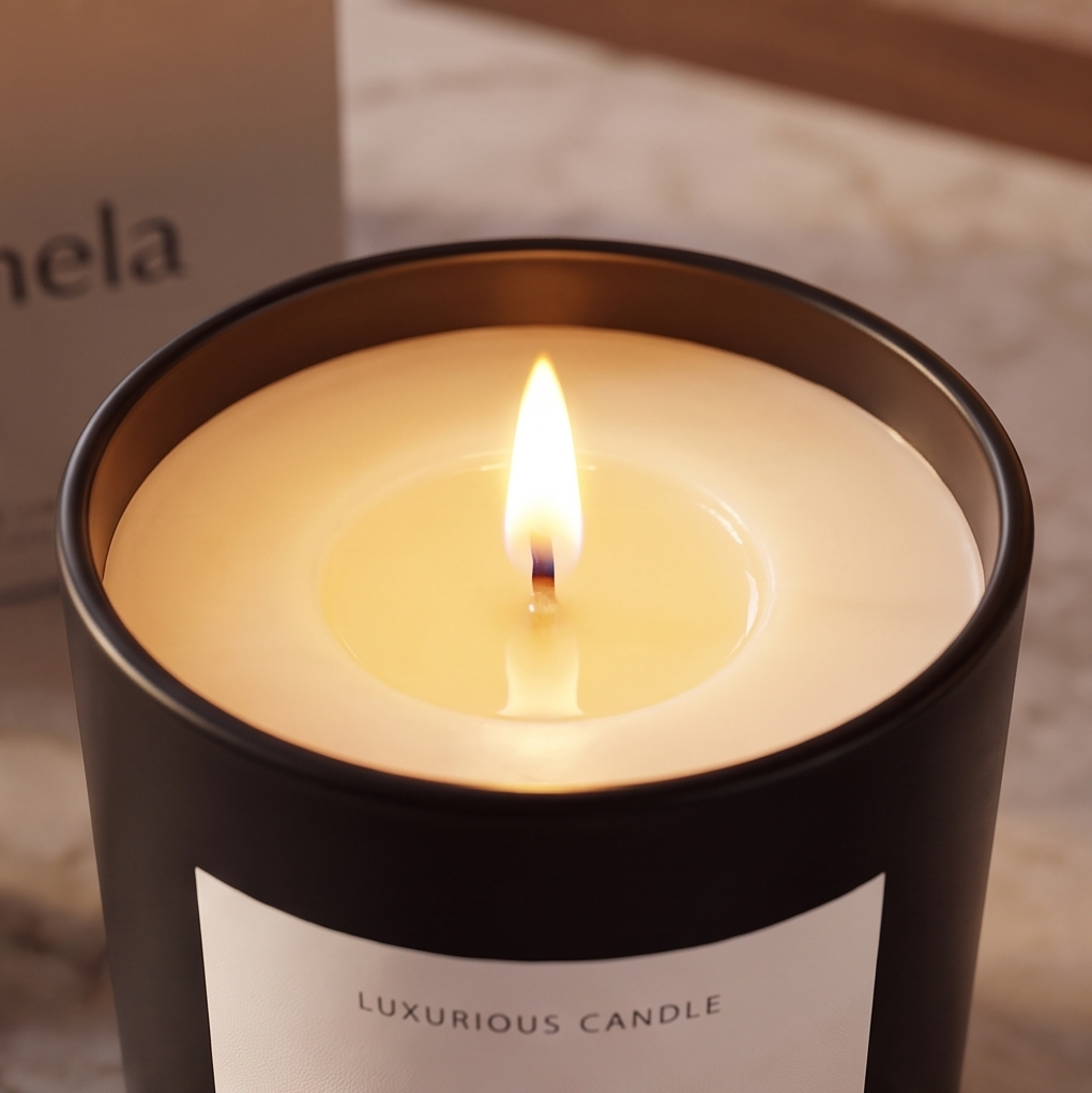 CALMIRAY scented candle on desk with coffee and books, elegant decor and relaxing ambiance