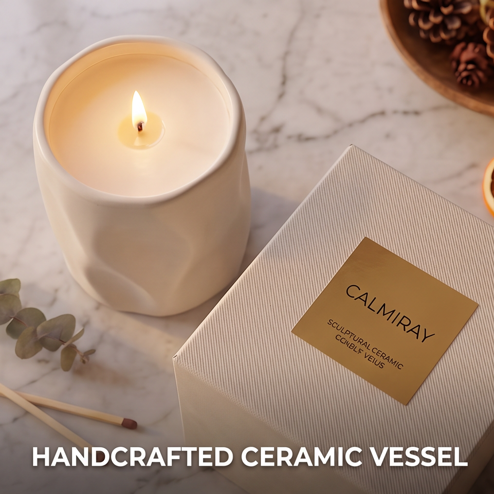 CALMIRAY handcrafted ceramic vessel candle with gold-label gift box