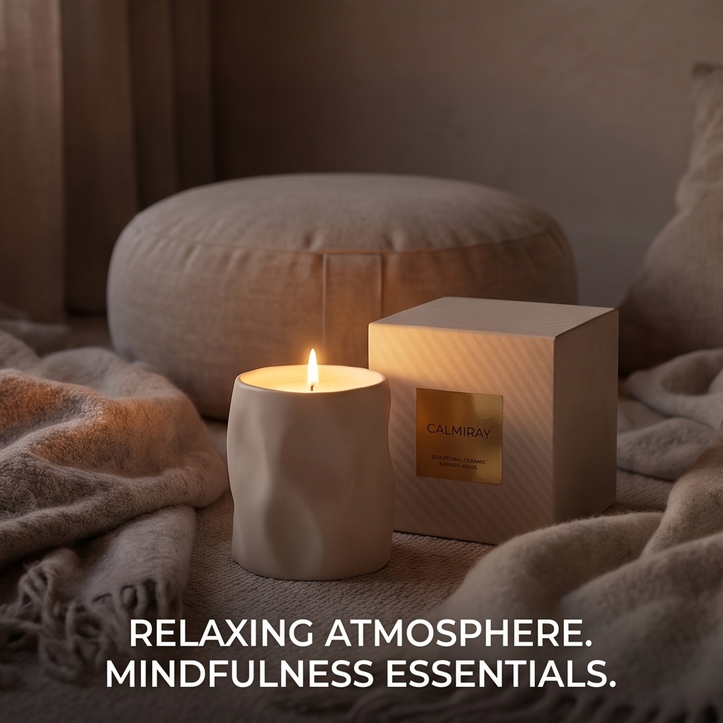 Lit CALMIRAY candle with gift box on cozy blankets, relaxing atmosphere and mindfulness essentials
