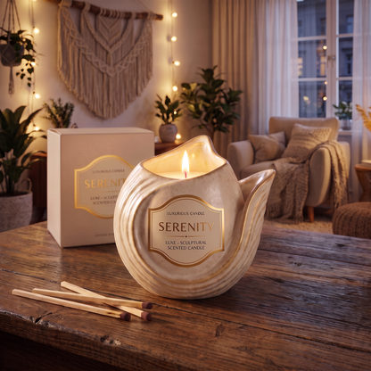 CALMIRAY Serenity luxe sculptural scented candle lit on rustic wooden table with gift box and matches