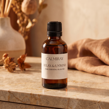 CALMIRAY Relax & Unwind pure essential oil blend in amber bottle on marble counter