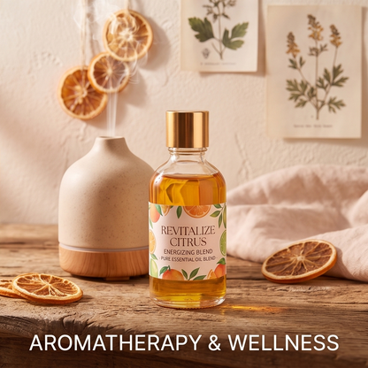 CALMIRAY Revitalize Citrus essential oil beside an aroma diffuser for aromatherapy and wellness