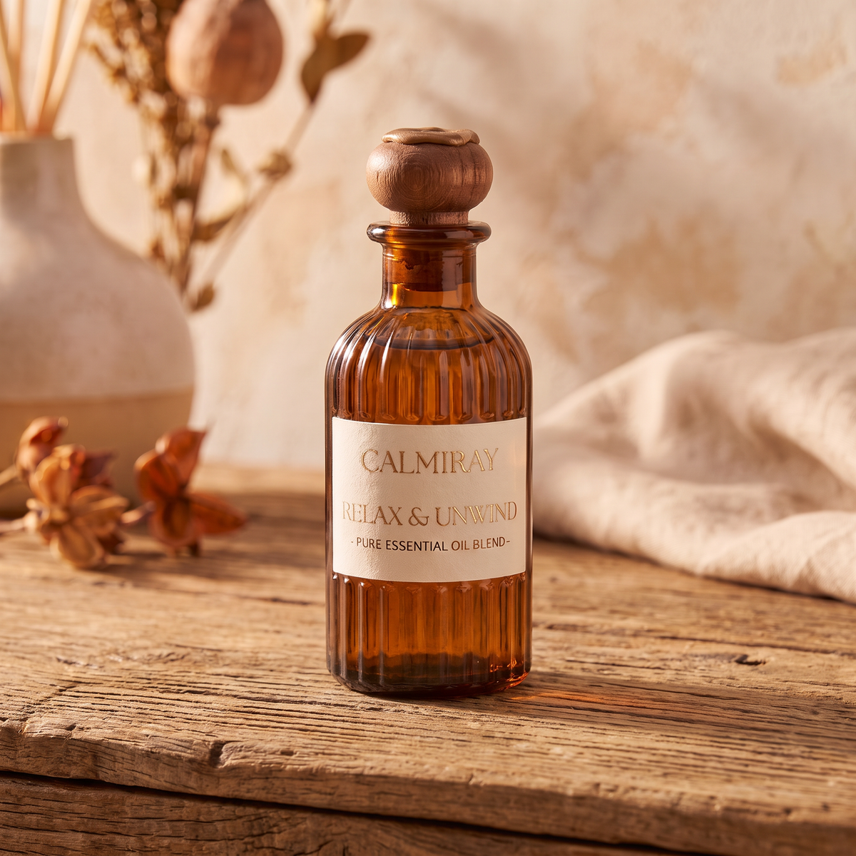 Close-up of CALMIRAY Relax & Unwind label showing handcrafted, sustainable bottle design