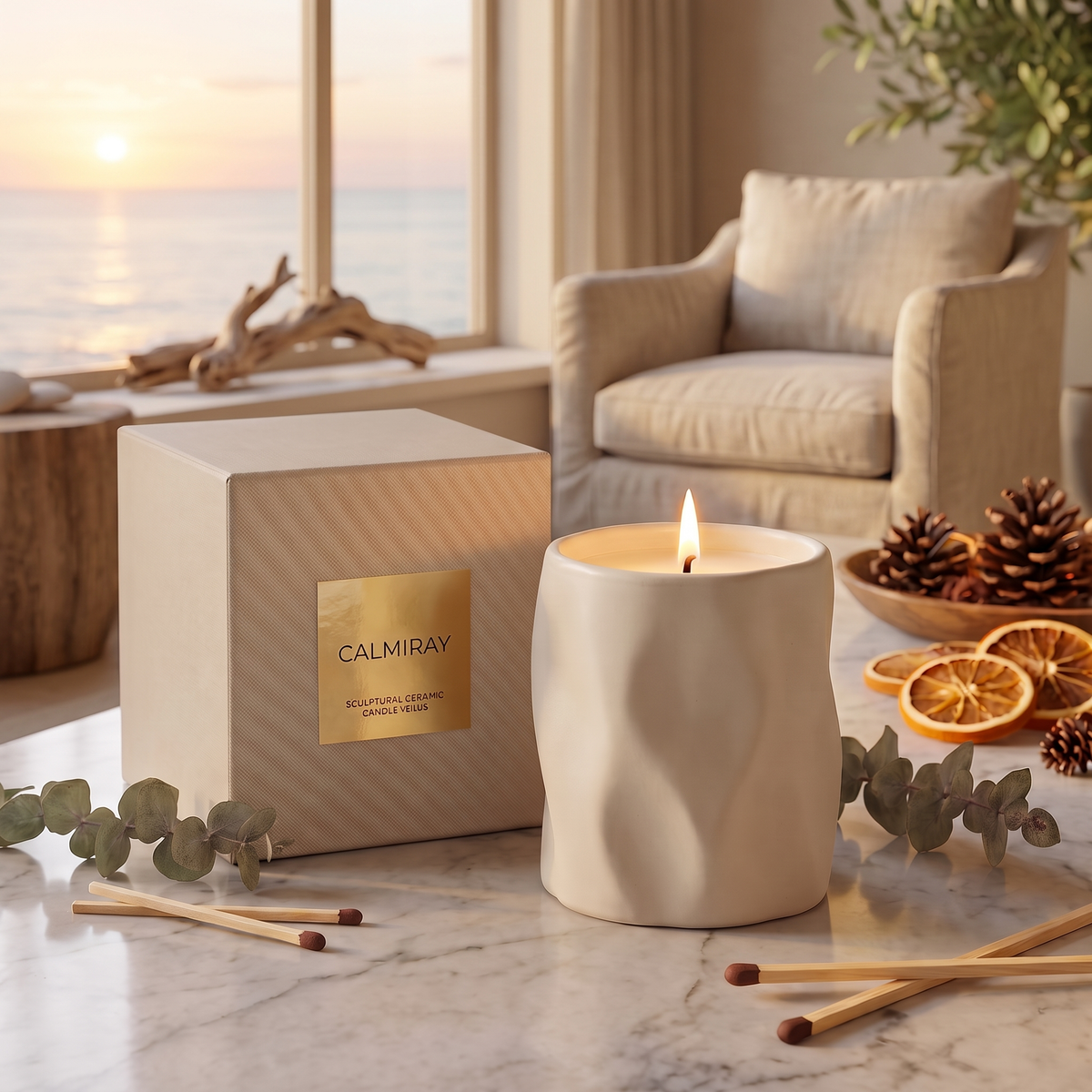 CALMIRAY sculptural ceramic soy candle lit beside gift box in bright living room