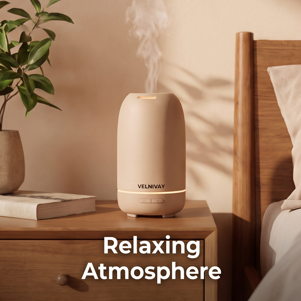 Aroma diffuser on bedside nightstand with plant and book, relaxing atmosphere