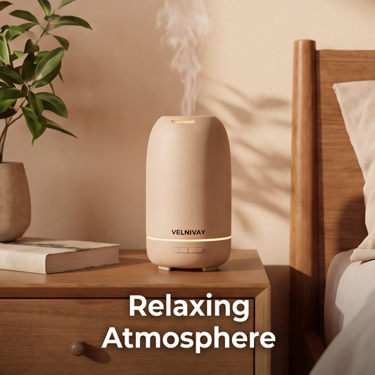 Aroma diffuser on bedside nightstand with plant and book, relaxing atmosphere