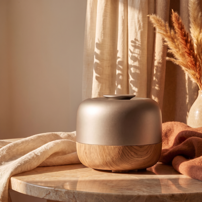 CALMIRAY aroma diffuser with metallic finish and wood grain base on marble table beside dried pampas