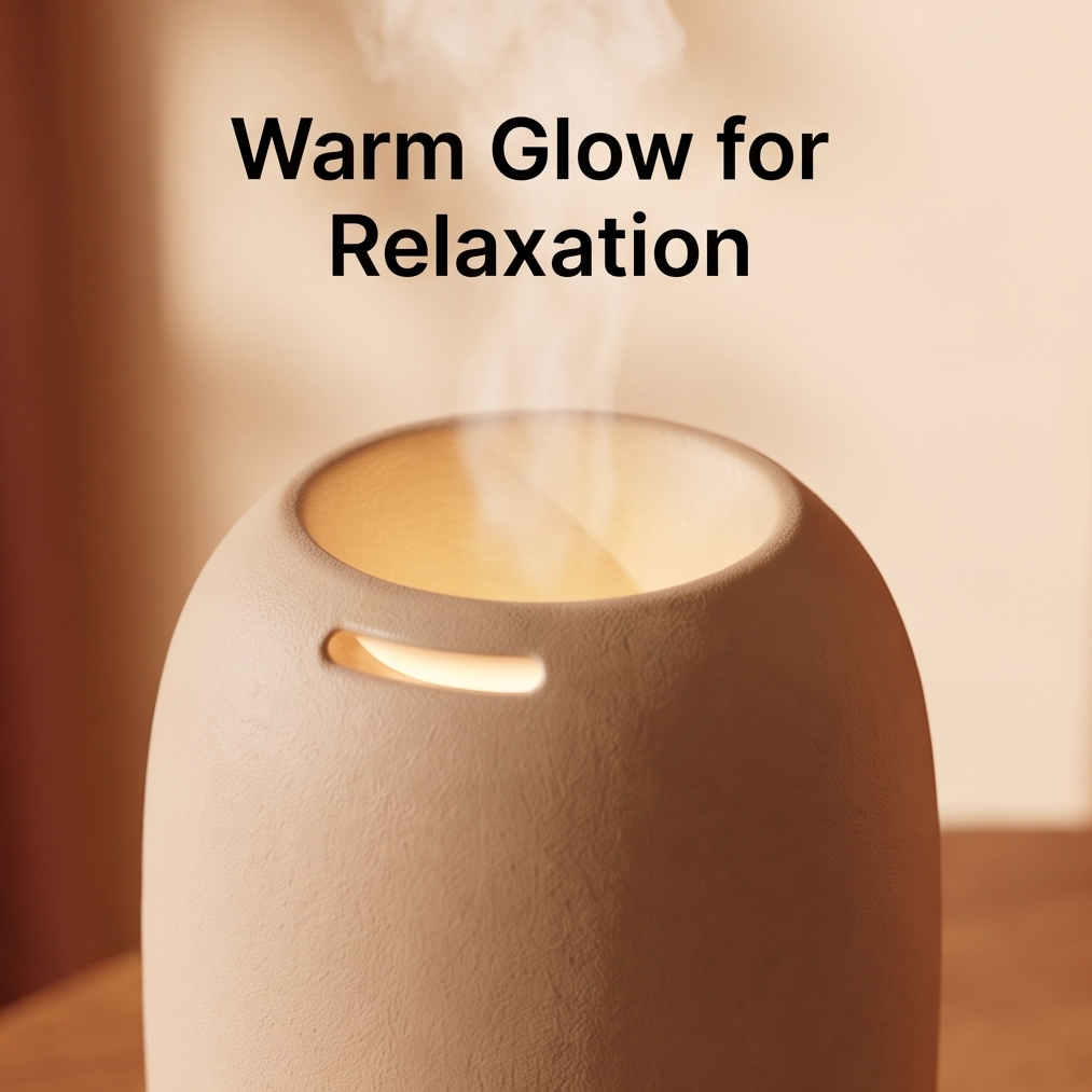 Close-up of diffuser glowing light ring, ambient glow and natural texture