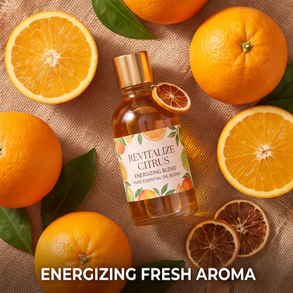 Top view of open CALMIRAY pure essential oil blend bottle with dried orange charm