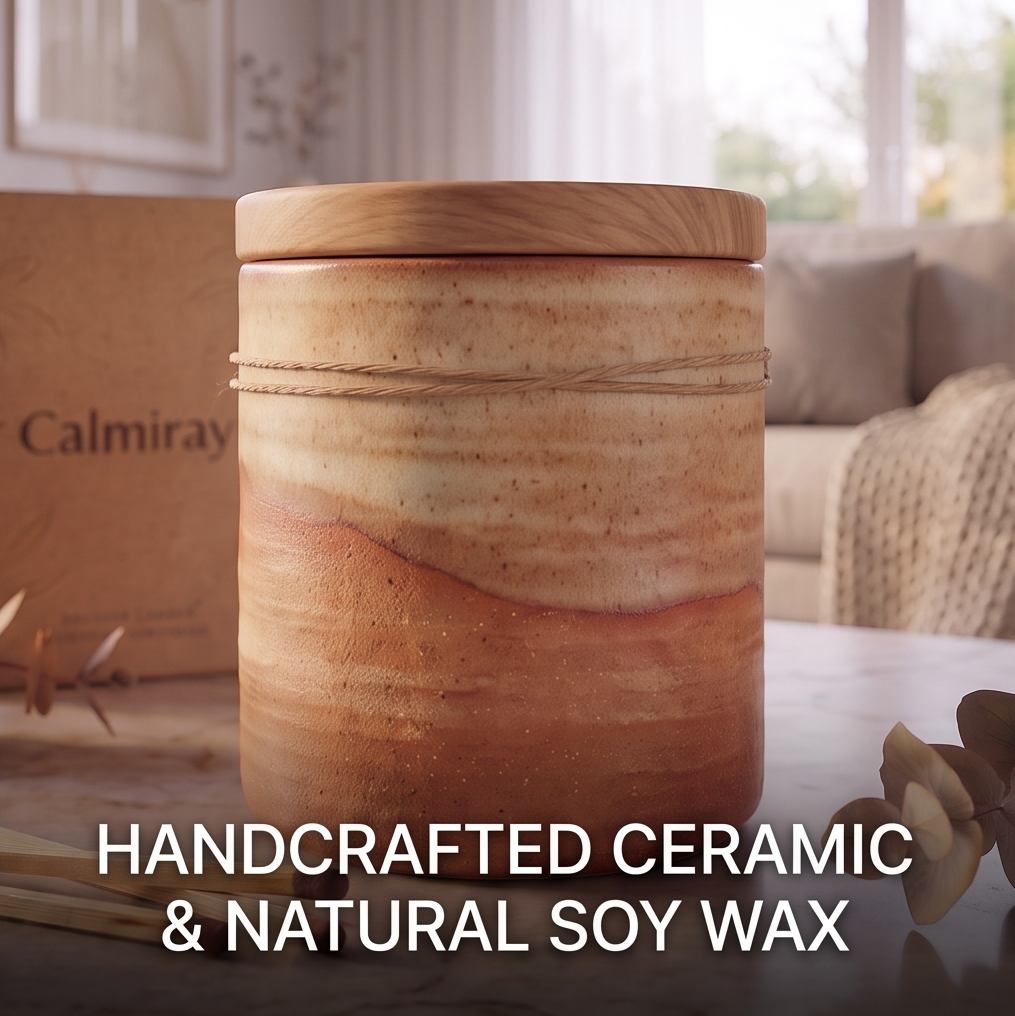 CALMIRAY handcrafted ceramic candle jar with wooden lid and twine, natural soy wax