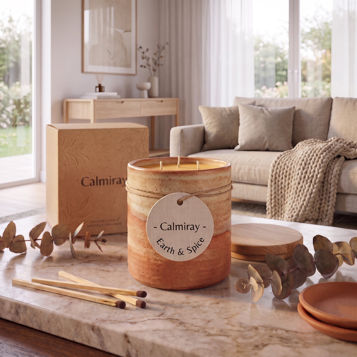 CALMIRAY Earth & Spice soy candle in handcrafted terracotta ceramic jar with gift box and wood lid