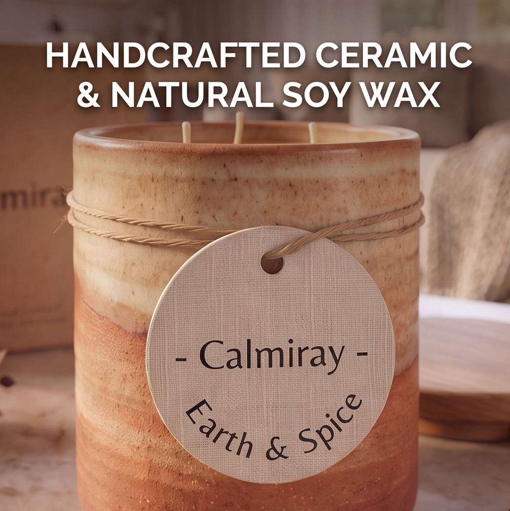 Close-up of CALMIRAY Earth & Spice tag on handcrafted ceramic candle with natural soy wax