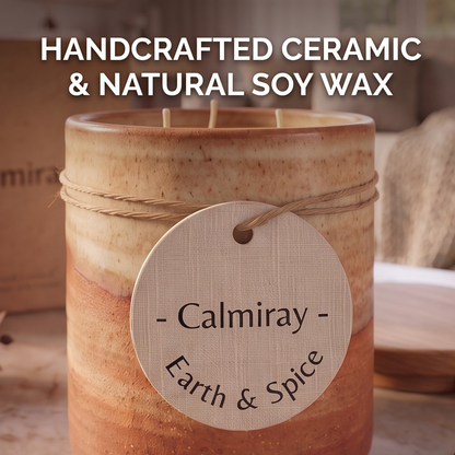 Close-up of CALMIRAY Earth & Spice tag on handcrafted ceramic candle with natural soy wax