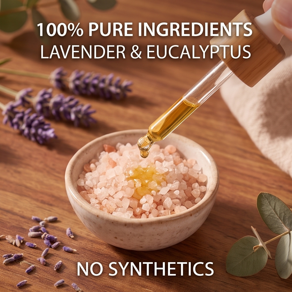 CALMIRAY lavender and eucalyptus oil dropped onto pink bath salts, 100% pure ingredients, no synthetics