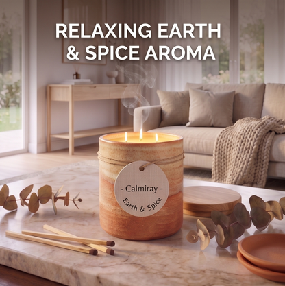 Lit CALMIRAY Earth & Spice triple wick candle in living room, relaxing earth and spice aroma
