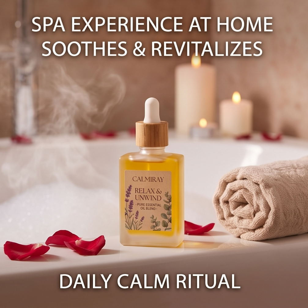 CALMIRAY essential oil blend on bathtub edge for a spa experience at home and daily calm ritual
