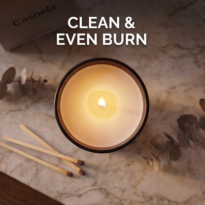 CALMIRAY scented candle in matte black jar, natural soy wax, clean burn