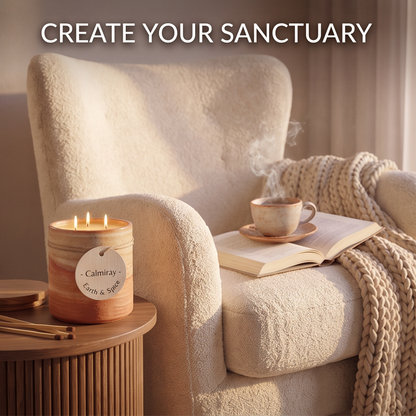 CALMIRAY Earth & Spice candle on side table beside cozy armchair, create your sanctuary