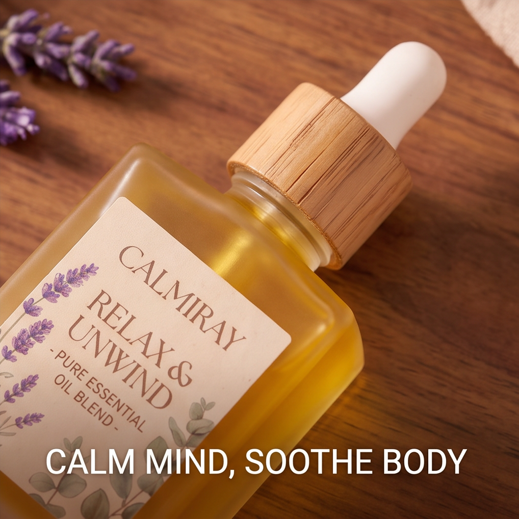 Close-up of CALMIRAY Relax & Unwind label with bamboo dropper cap, calm mind soothe body
