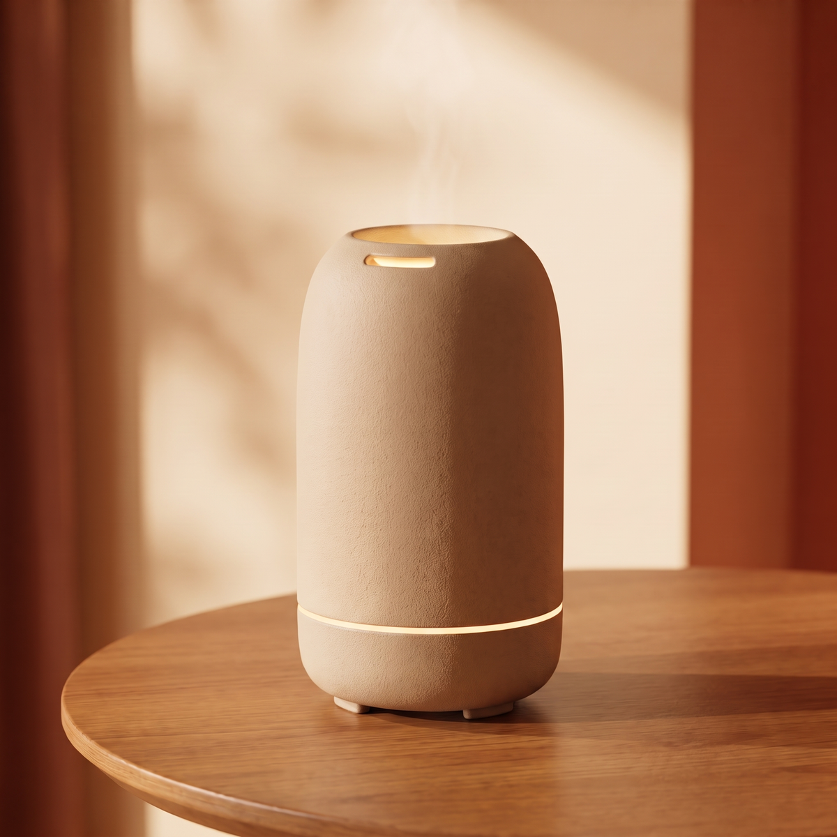 CALMIRAY aroma diffuser with natural stone-like texture and warm ambient glow on round wooden table
