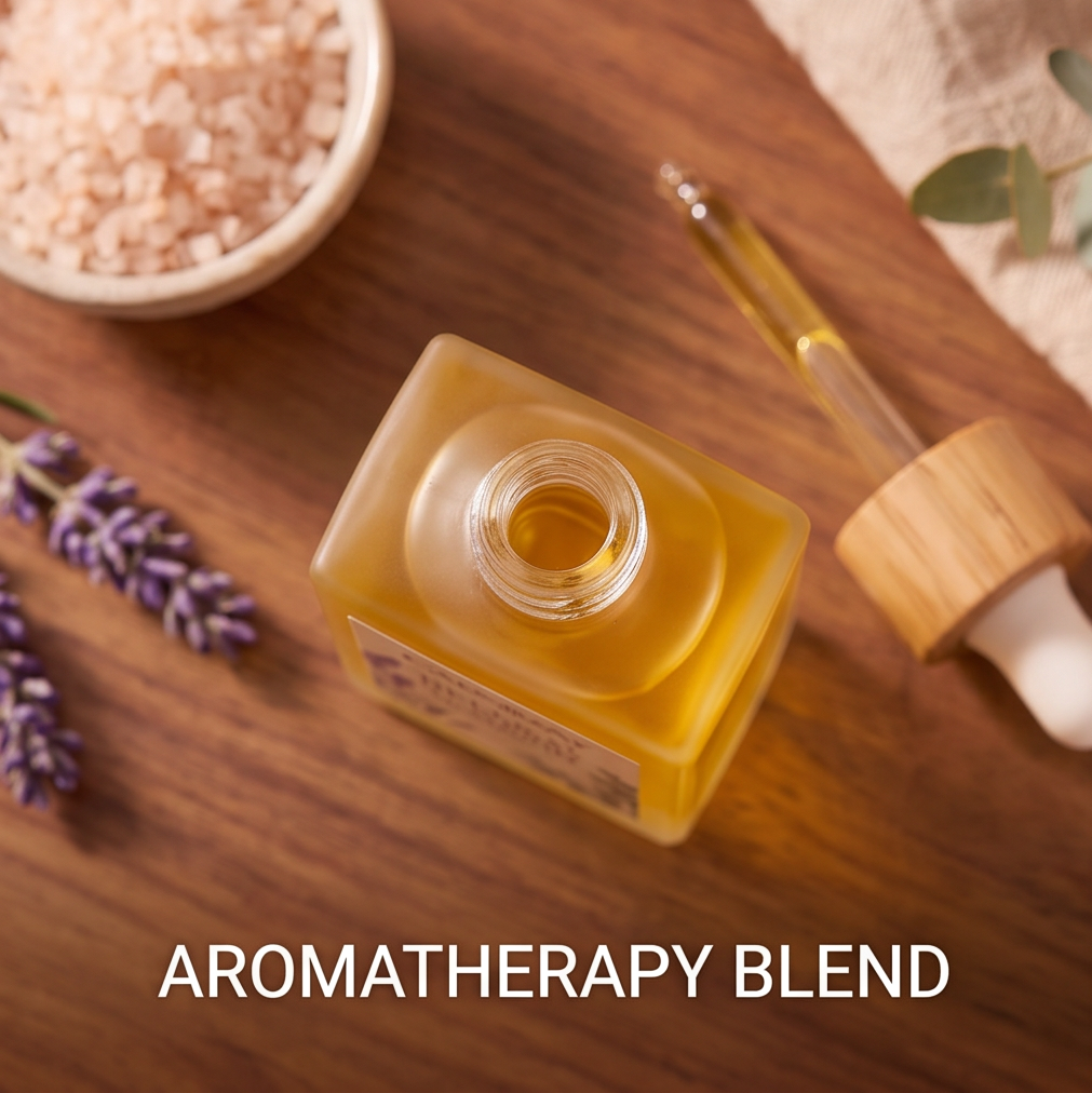 Top view of open CALMIRAY aromatherapy blend bottle with dropper and bath salts