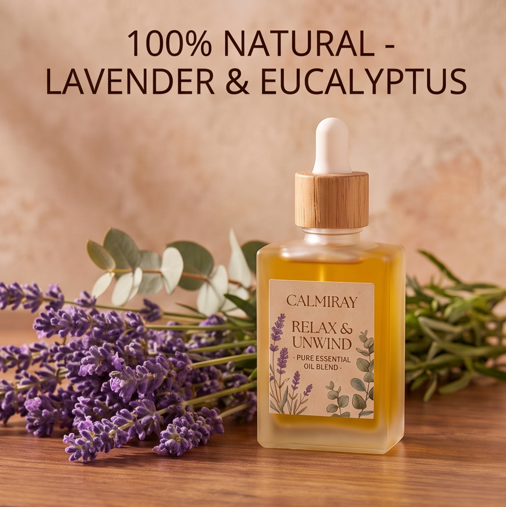 CALMIRAY Relax & Unwind 100% natural lavender and eucalyptus essential oil blend with dropper bottle