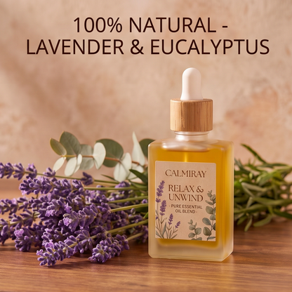 CALMIRAY Relax & Unwind 100% natural lavender and eucalyptus essential oil blend with dropper bottle