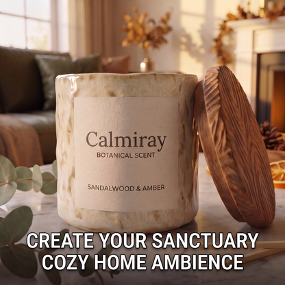 CALMIRAY Botanical Scent sandalwood and amber candle with sandalwood chips, amber resin, eucalyptus and dried orange slices