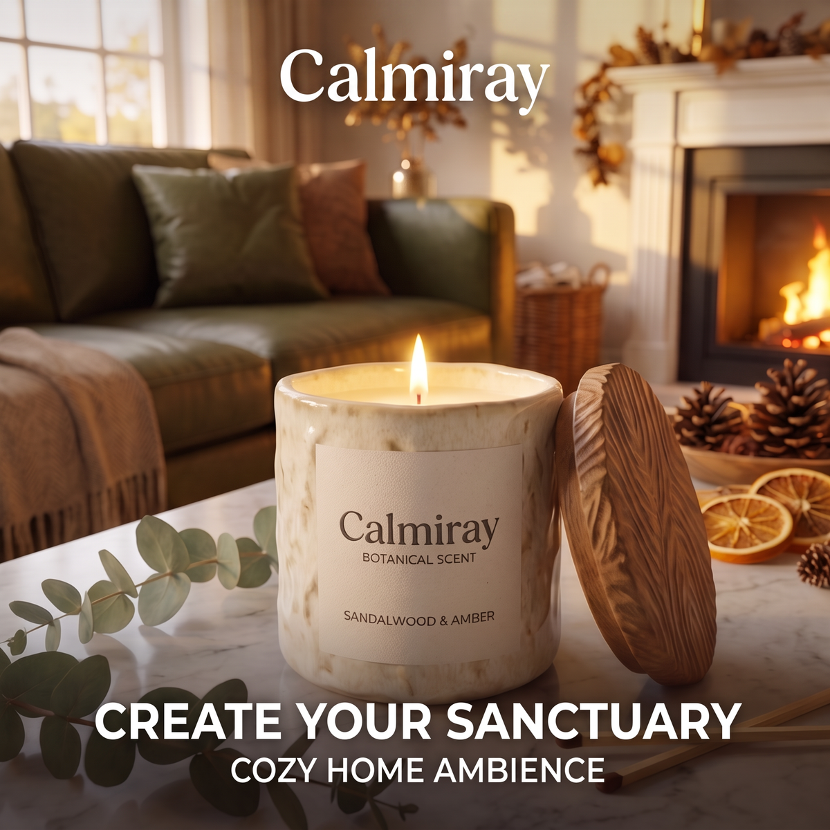 Hand-carved wooden lid leaning on CALMIRAY ceramic candle jar, natural and sustainable eco-friendly materials