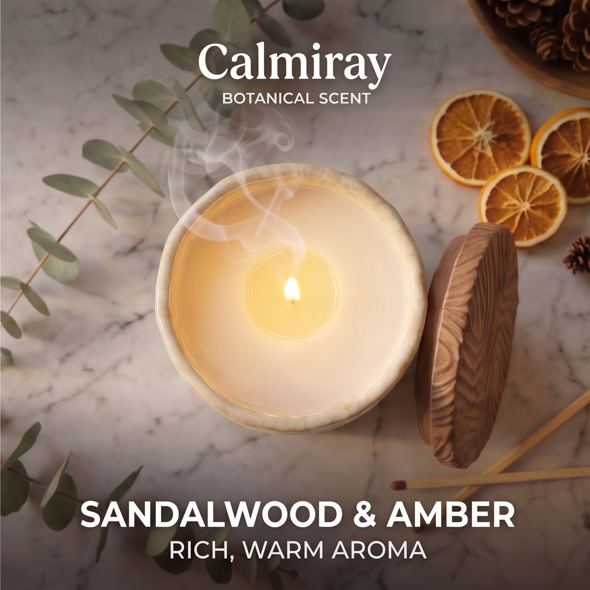 Top view of lit CALMIRAY Botanical Scent candle with wood lid, rich warm sandalwood and amber aroma