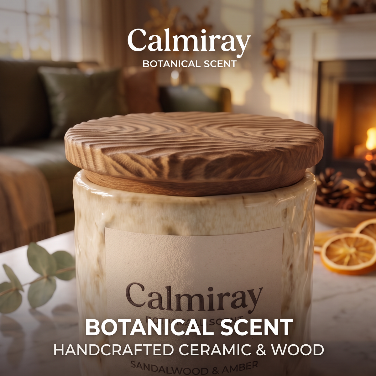 CALMIRAY sandalwood and amber candle in textured ceramic jar with wood lid in cozy living room