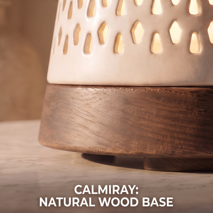 CALMIRAY diffuser glowing on bedside nightstand, quiet operation and peaceful atmosphere