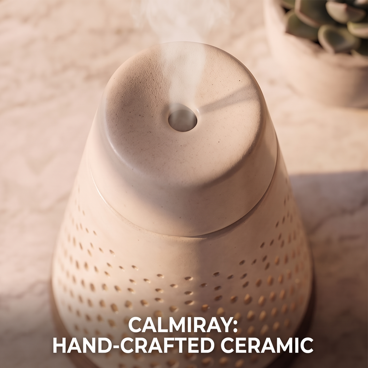 CALMIRAY diffuser casting patterned ambient light in the dark, whisper quiet