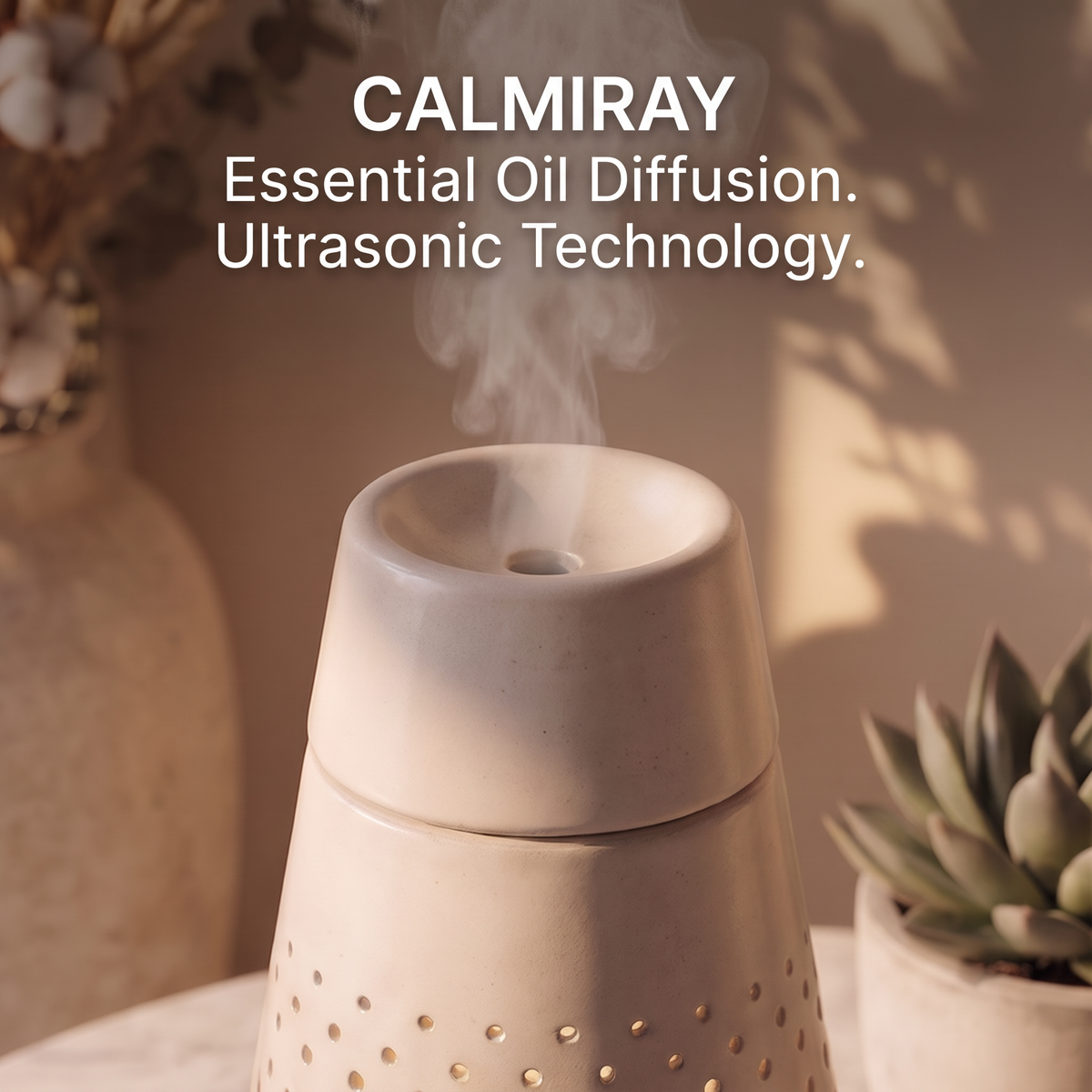 CALMIRAY ultrasonic essential oil diffuser in hand-crafted ceramic with natural wood base on marble table