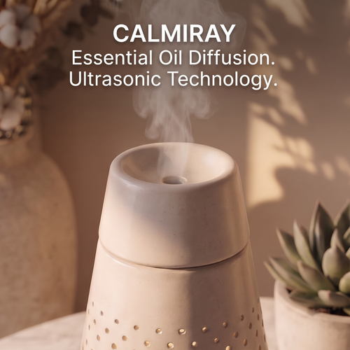 CALMIRAY ultrasonic essential oil diffuser in hand-crafted ceramic with natural wood base on marble table