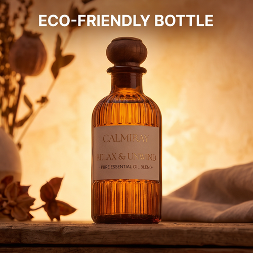 CALMIRAY Relax & Unwind pure essential oil blend in ribbed amber glass bottle with wooden stopper