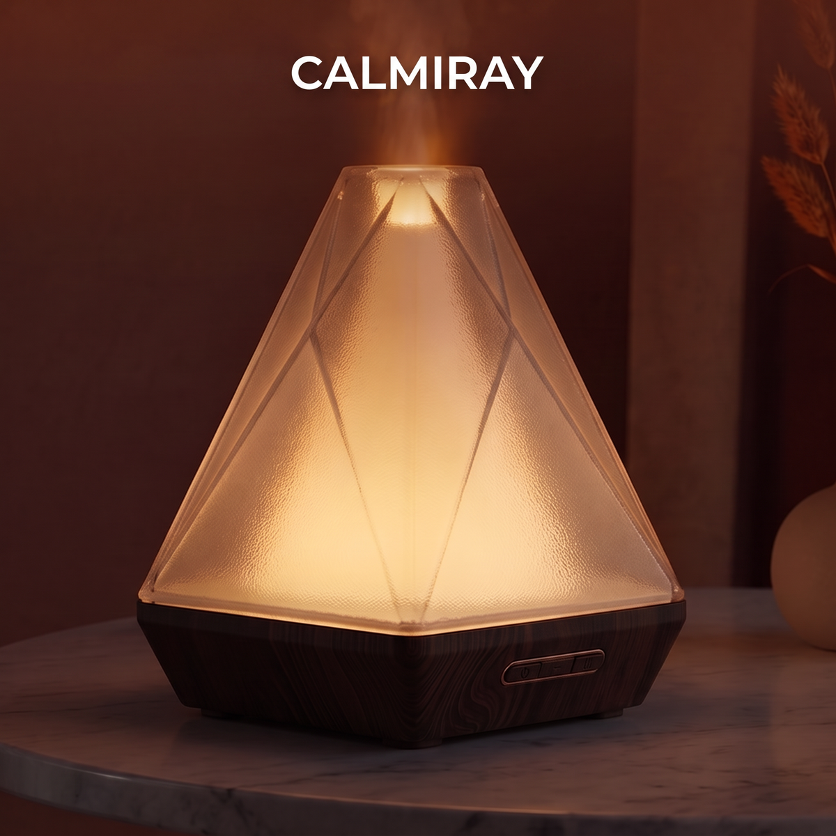 Close-up of CALMIRAY diffuser textured glass and wood-grain base with control buttons, premium glass and wood design