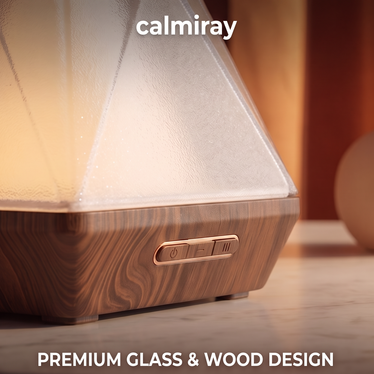 CALMIRAY geometric glass ultrasonic aroma diffuser with wood-grain base releasing mist on marble table
