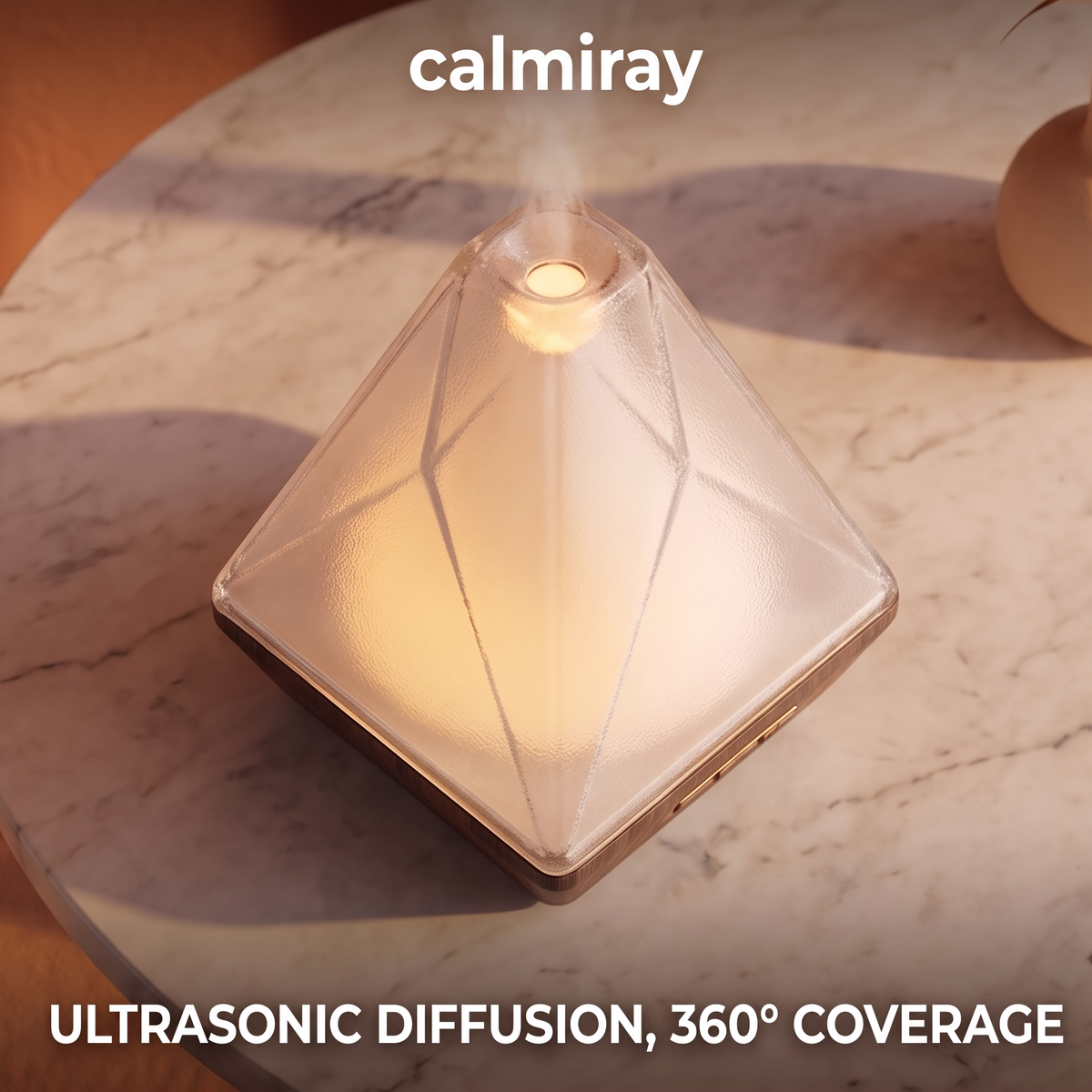 CALMIRAY geometric glass diffuser glowing warmly on dark wood base