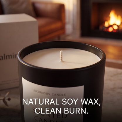 Close-up of lit CALMIRAY luxurious candle with smooth soy wax melt pool