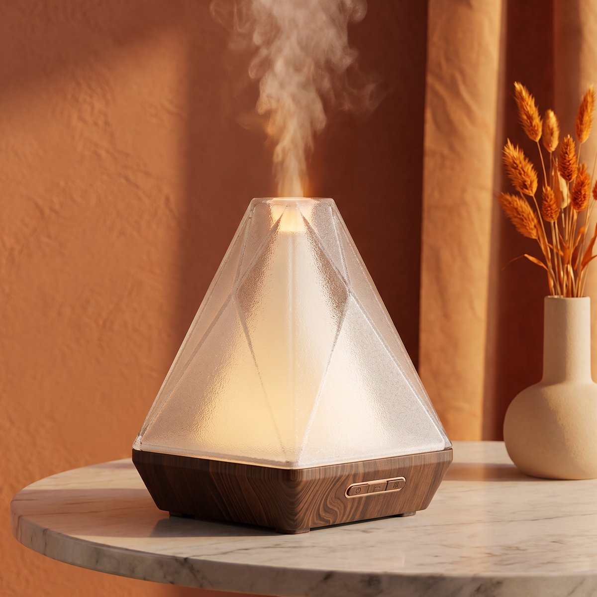 Close-up of mist rising from CALMIRAY diffuser, adjustable mist output