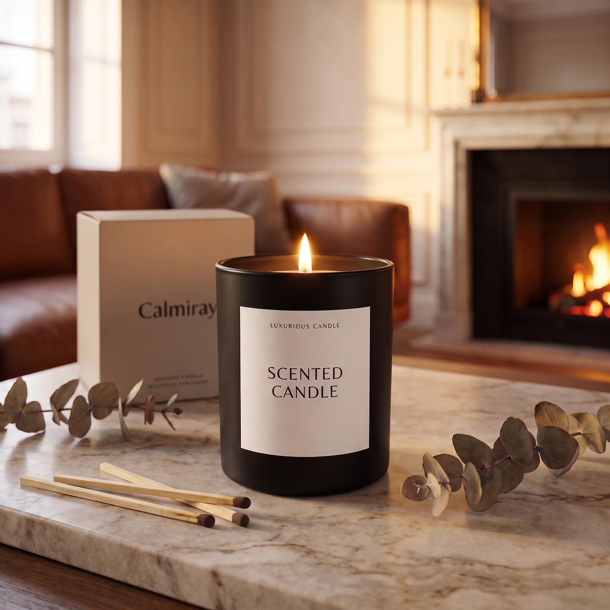 CALMIRAY luxurious scented candle in matte black jar lit on marble table with gift box, eucalyptus and matches