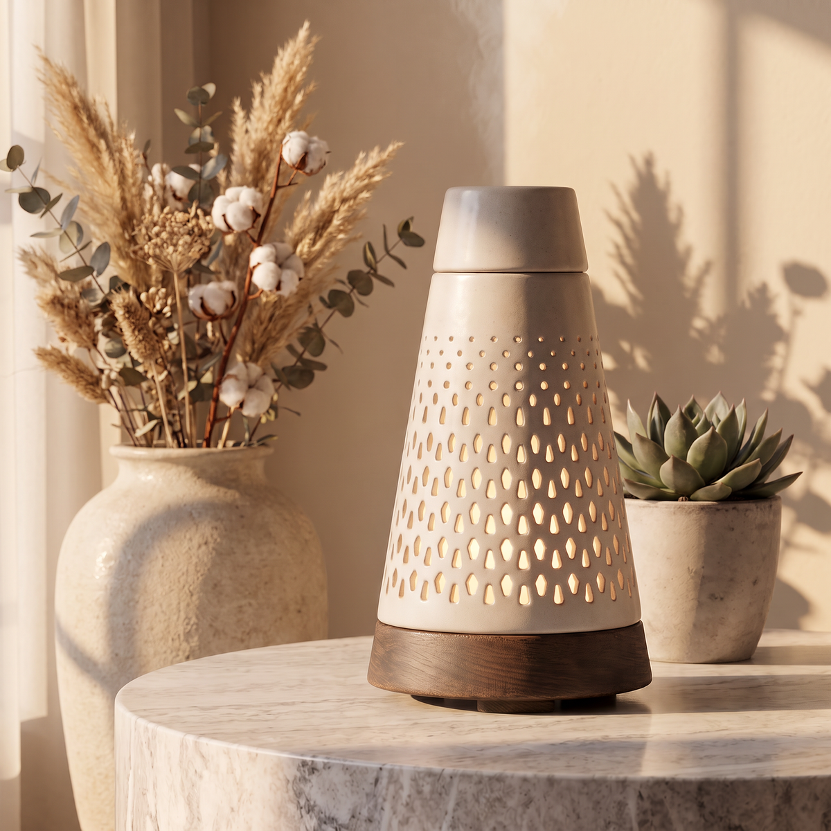 CALMIRAY ceramic diffuser releasing mist, essential oil diffusion with ultrasonic technology