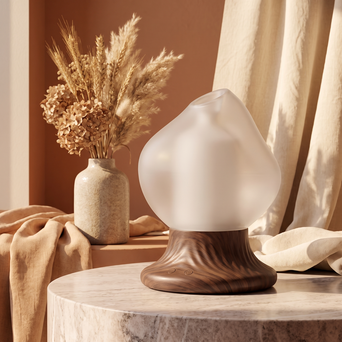CALMIRAY frosted glass aroma diffuser with wood grain base on marble table beside dried flowers