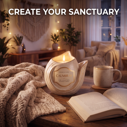 Top view of lit CALMIRAY Serenity candle, hand-poured soy wax, long burn time